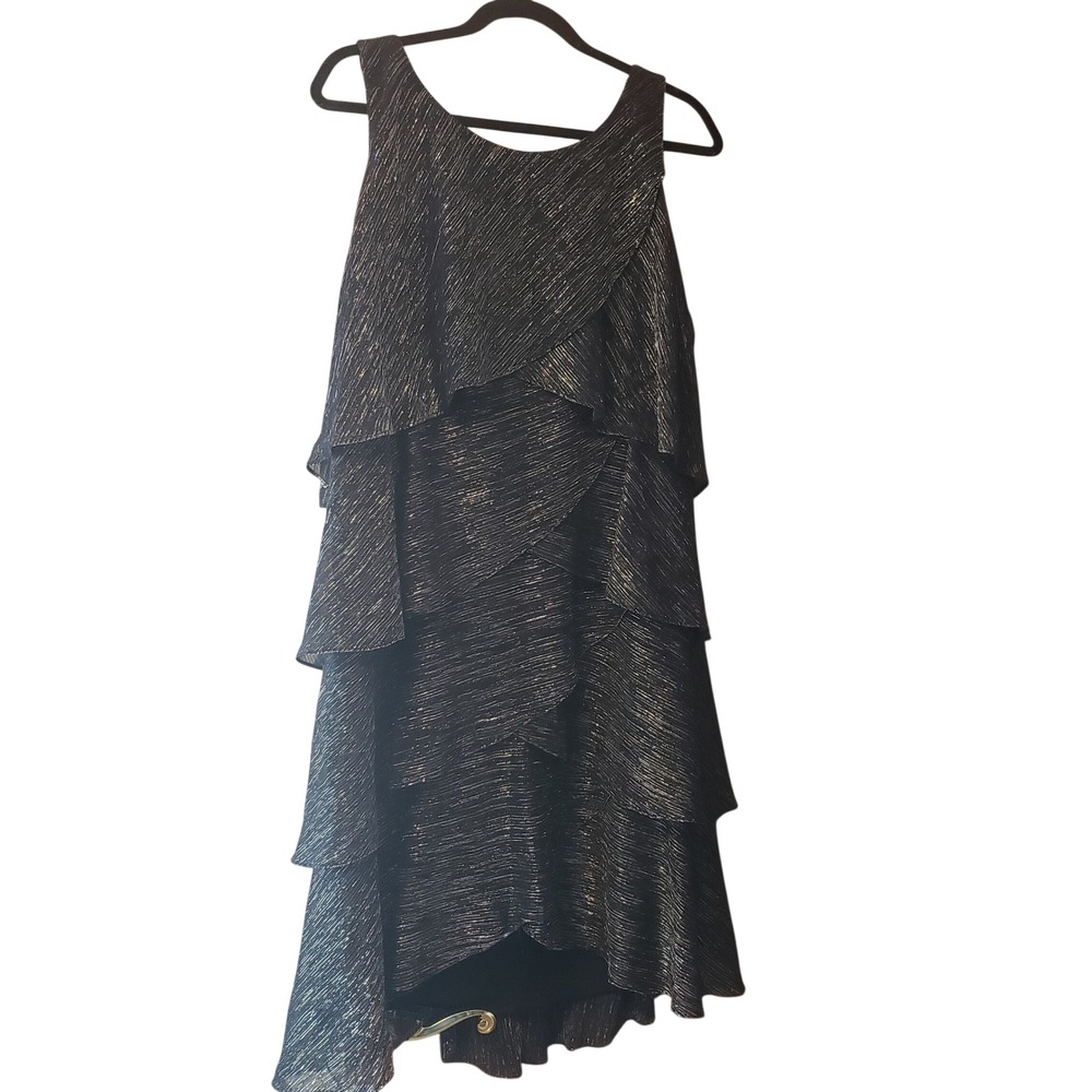 SLNY Womens Tiered Metallic Cocktail Dress Size 14 Silver Black Sleeveless
